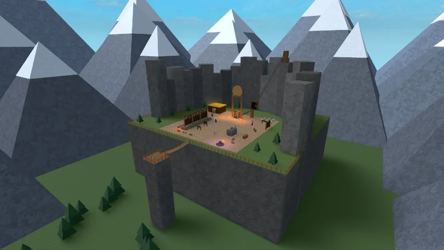 The Dig a Gem mining camp on a mountain top, surrounded by snowy peaks